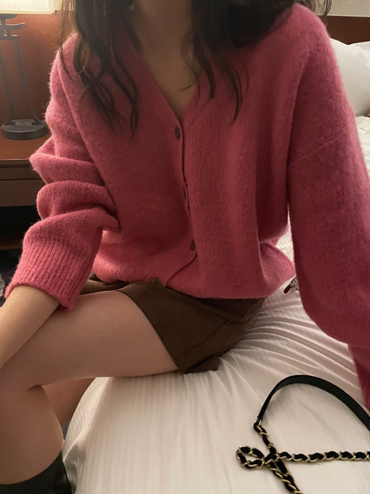 Brushed Wool / Alpaca Cardigan - 1 Left in Magenta