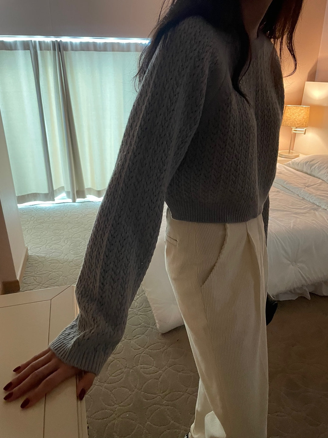 Pointelle Cropped Sweater - 1 in Grey left