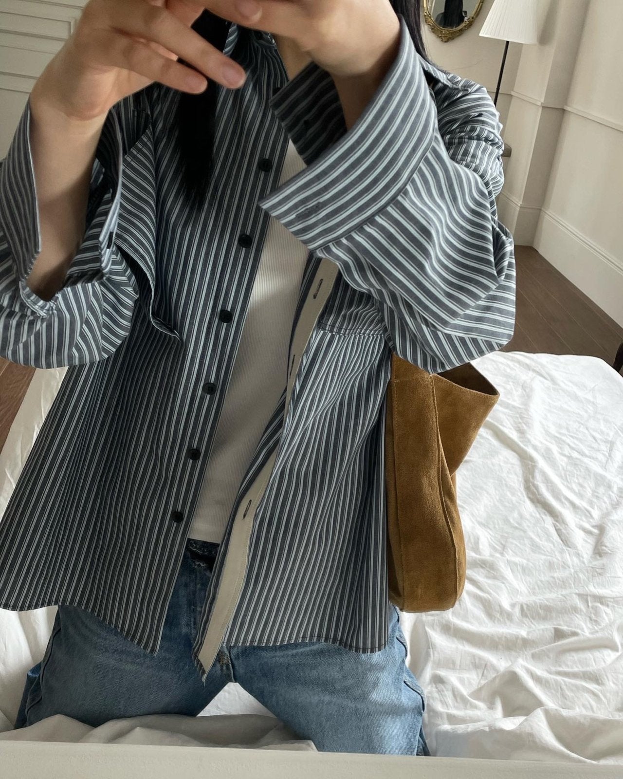 <Abi + Ari> Black Label Patched Pocket Stripe Shirt