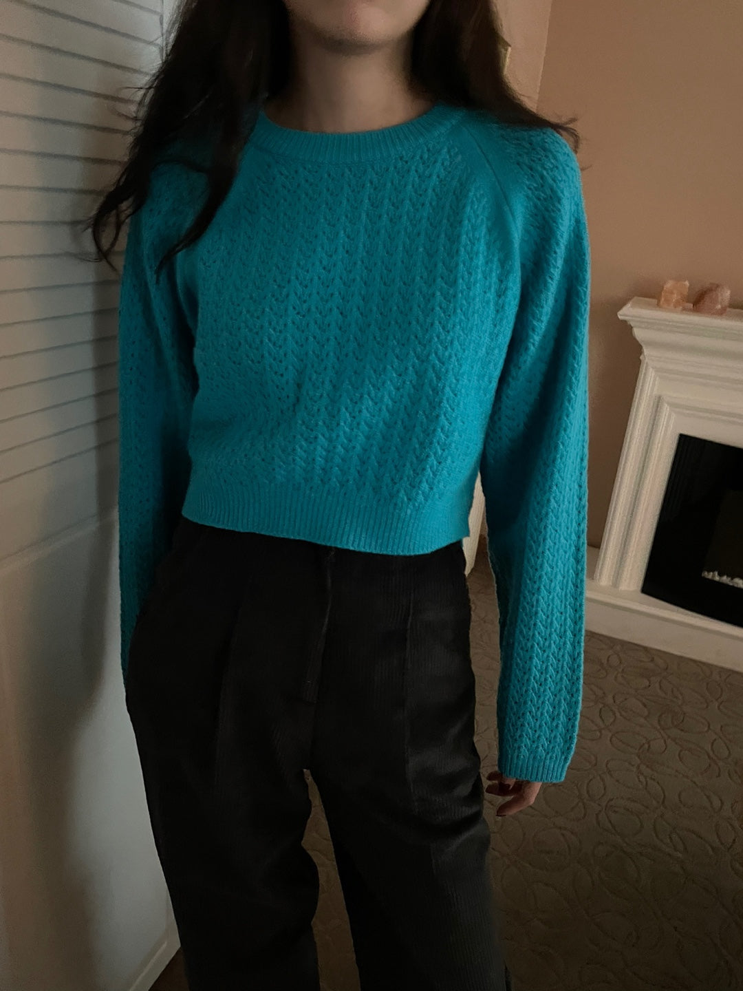 Pointelle Cropped Sweater - 1 in Grey left