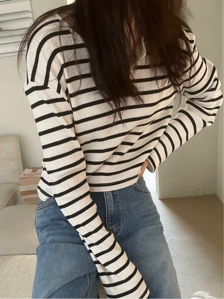 Stripe Fine Rib-knit T Shirt