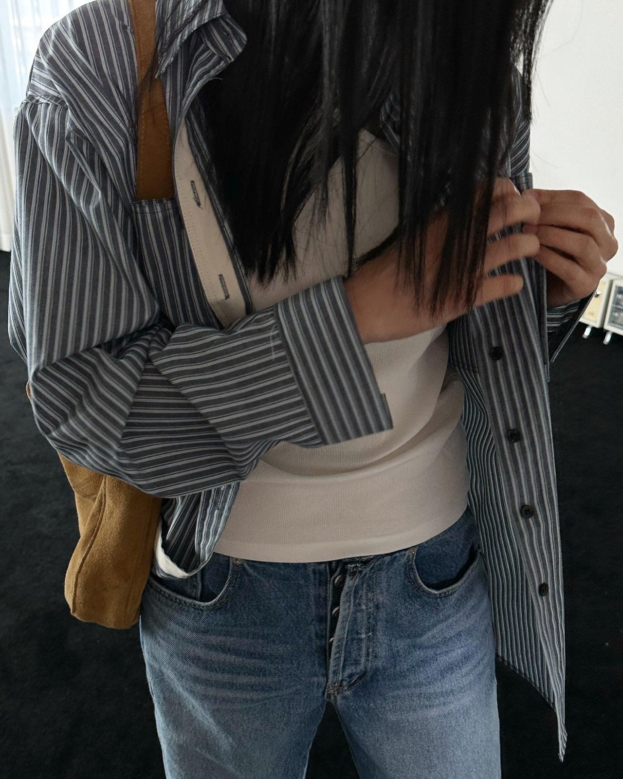 <Abi + Ari> Black Label Patched Pocket Stripe Shirt