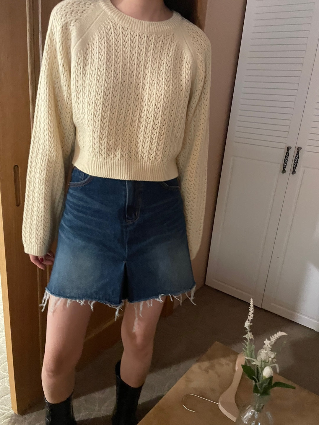 Pointelle Cropped Sweater - 1 in Grey left