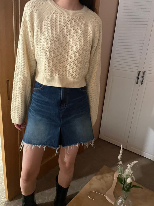 Pointelle Cropped Sweater - 1 in Grey left