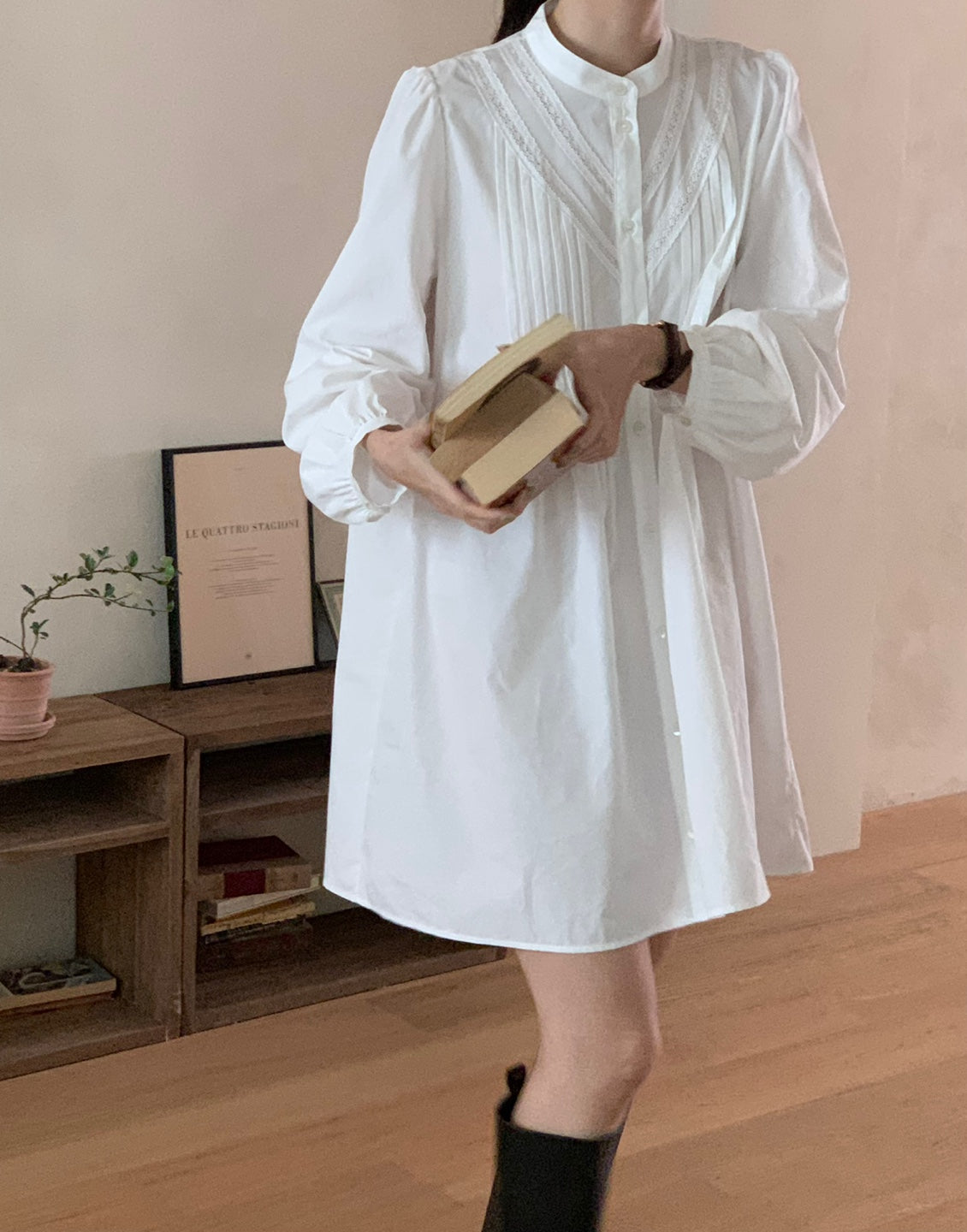 Pintuck Cotton Shirt Dress