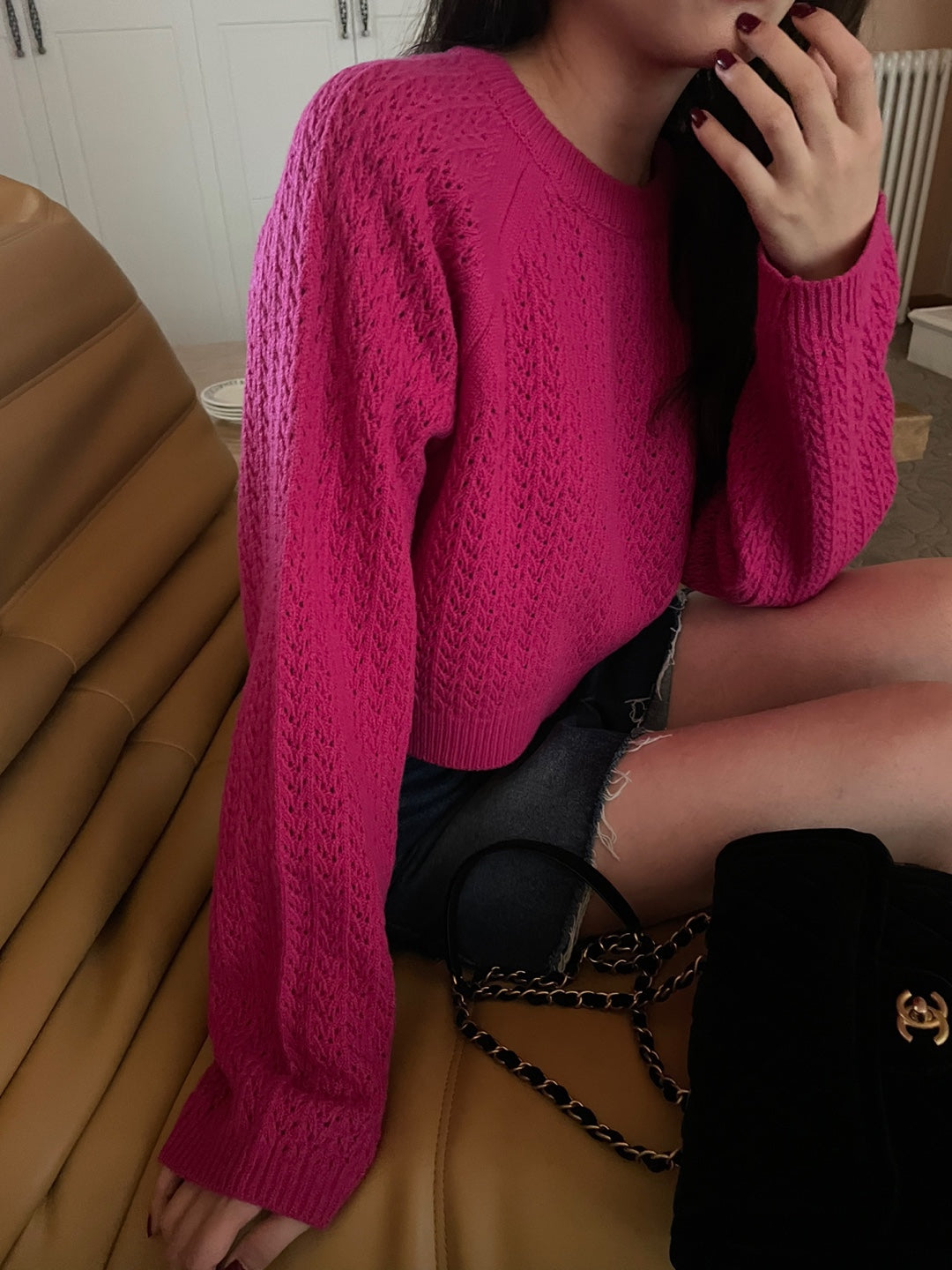 Pointelle Cropped Sweater - 1 in Grey left