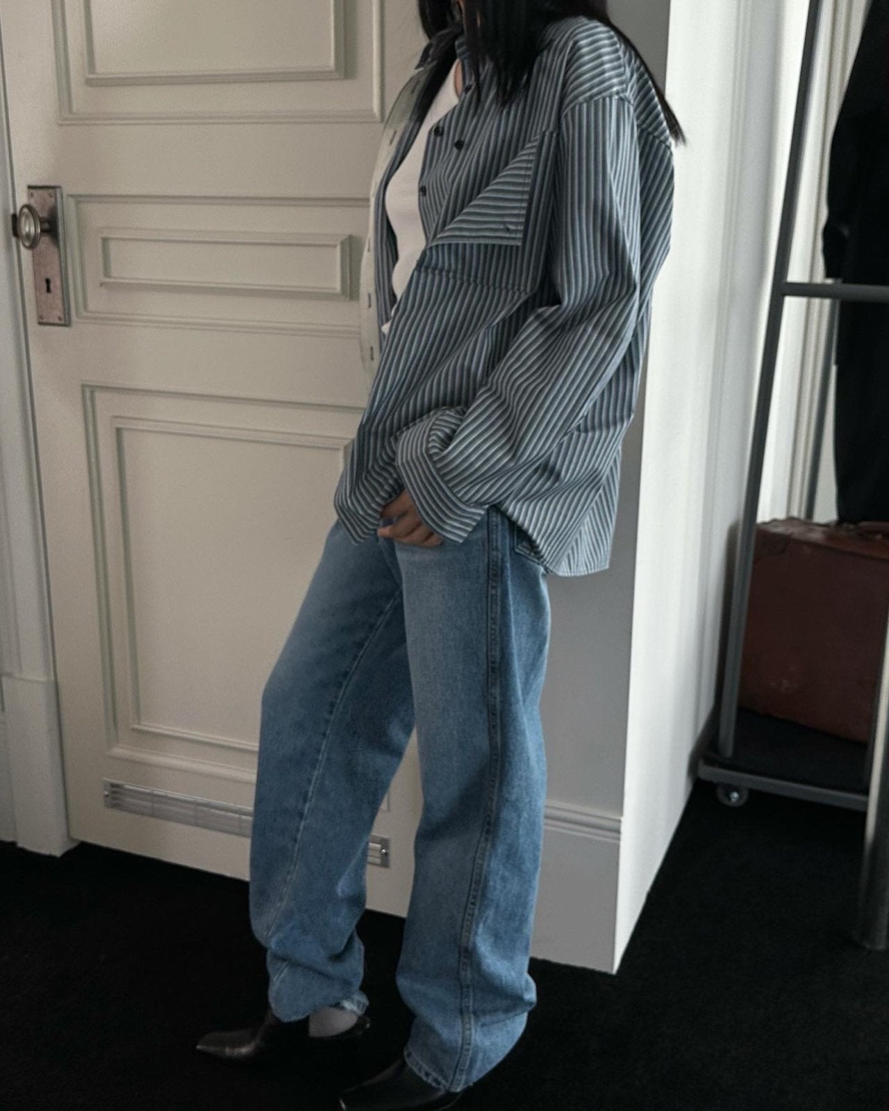 <Abi + Ari> Black Label Patched Pocket Stripe Shirt