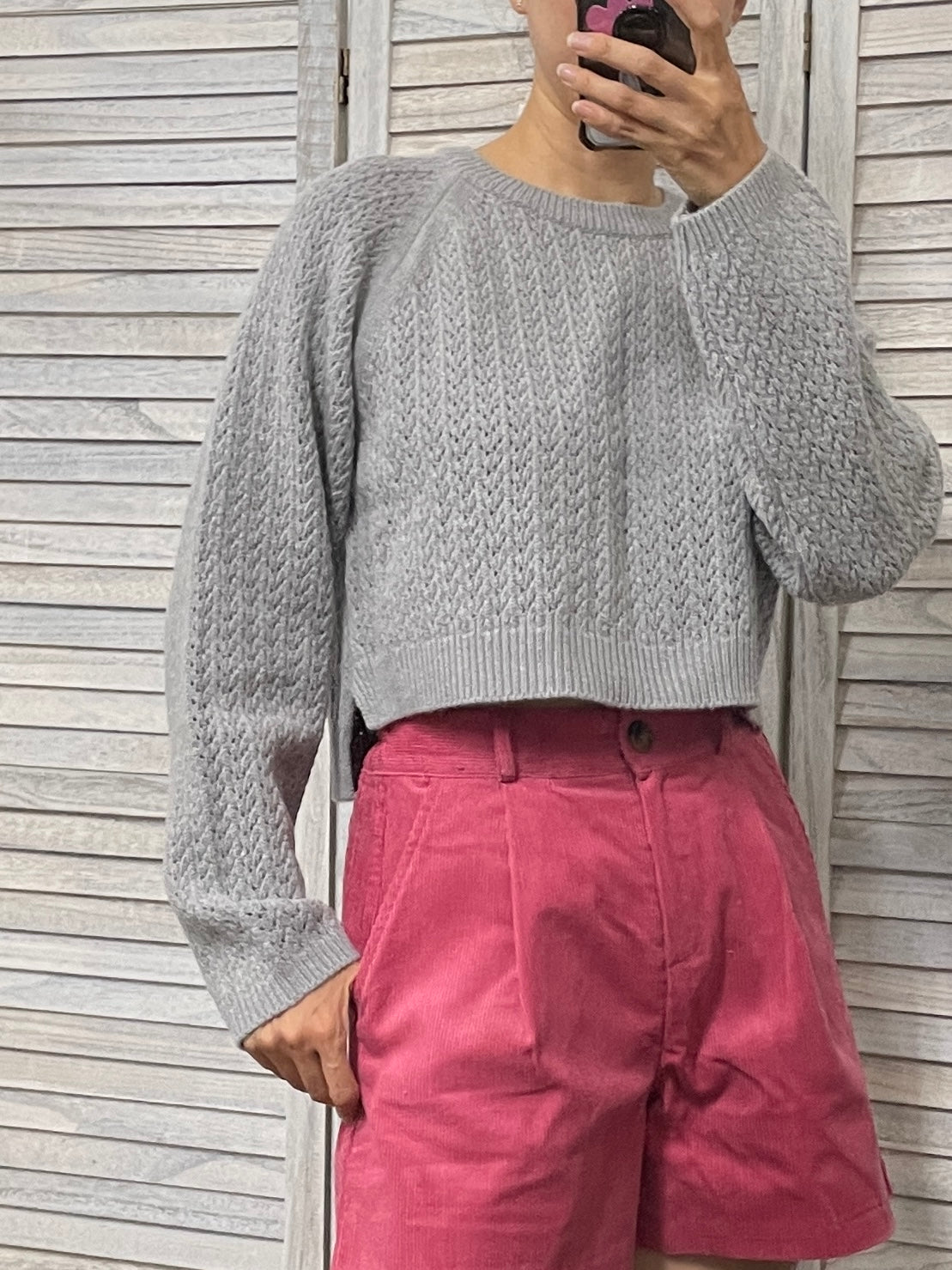 Pointelle Cropped Sweater - 1 in Grey left