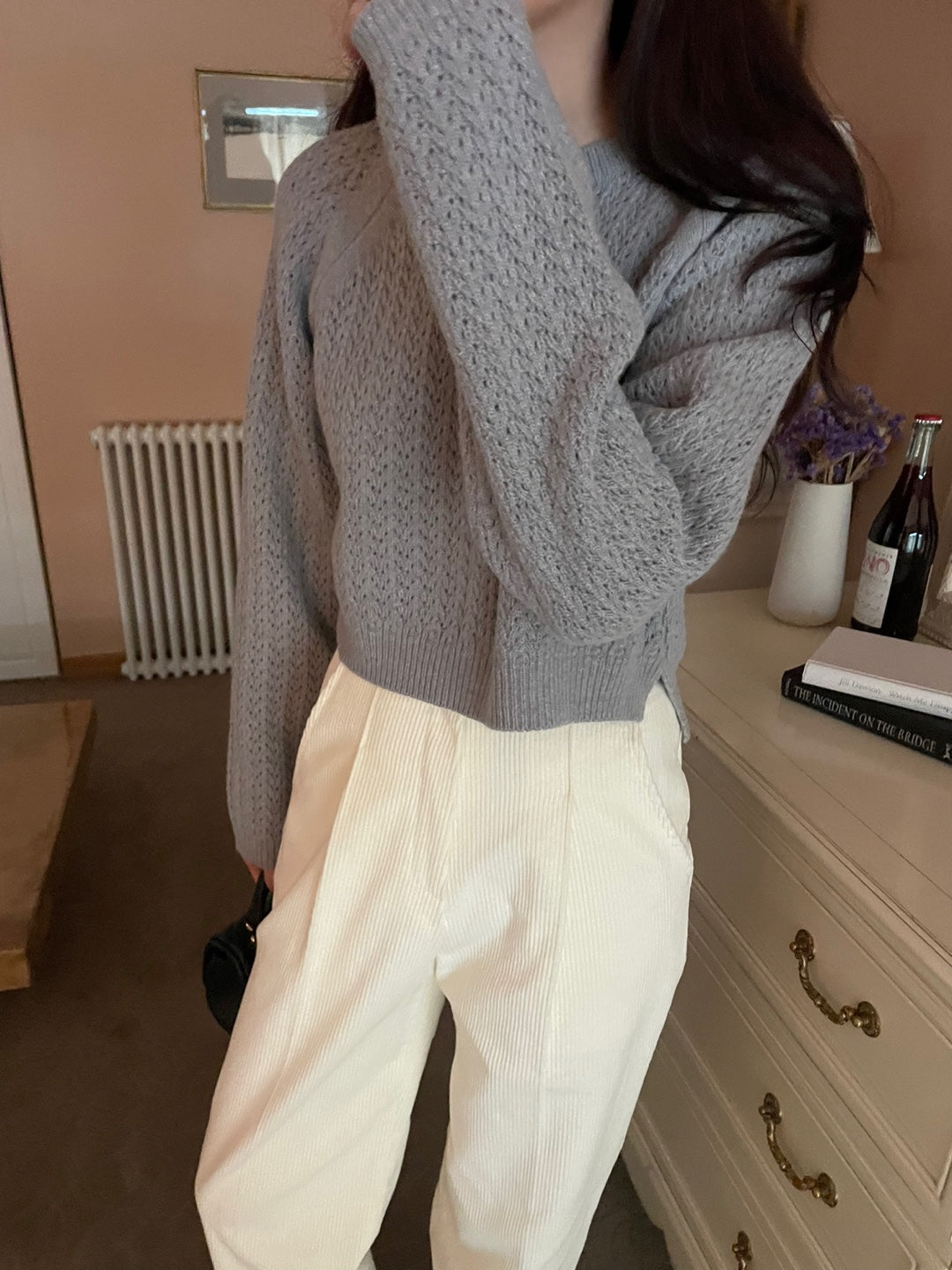 Pointelle Cropped Sweater - 1 in Grey left