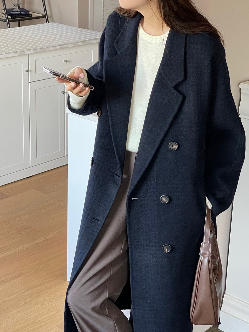 <Abi + Ari Black> Wool Plaid Handmade Coat