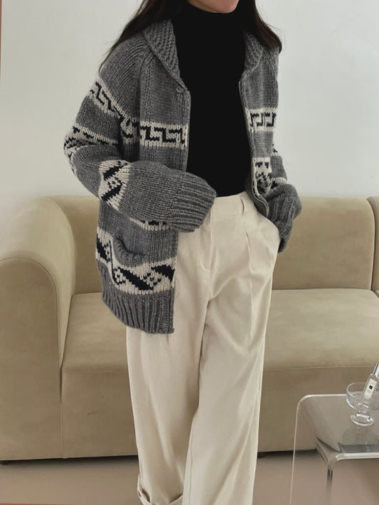 Jacquard Zip Up Cardigan