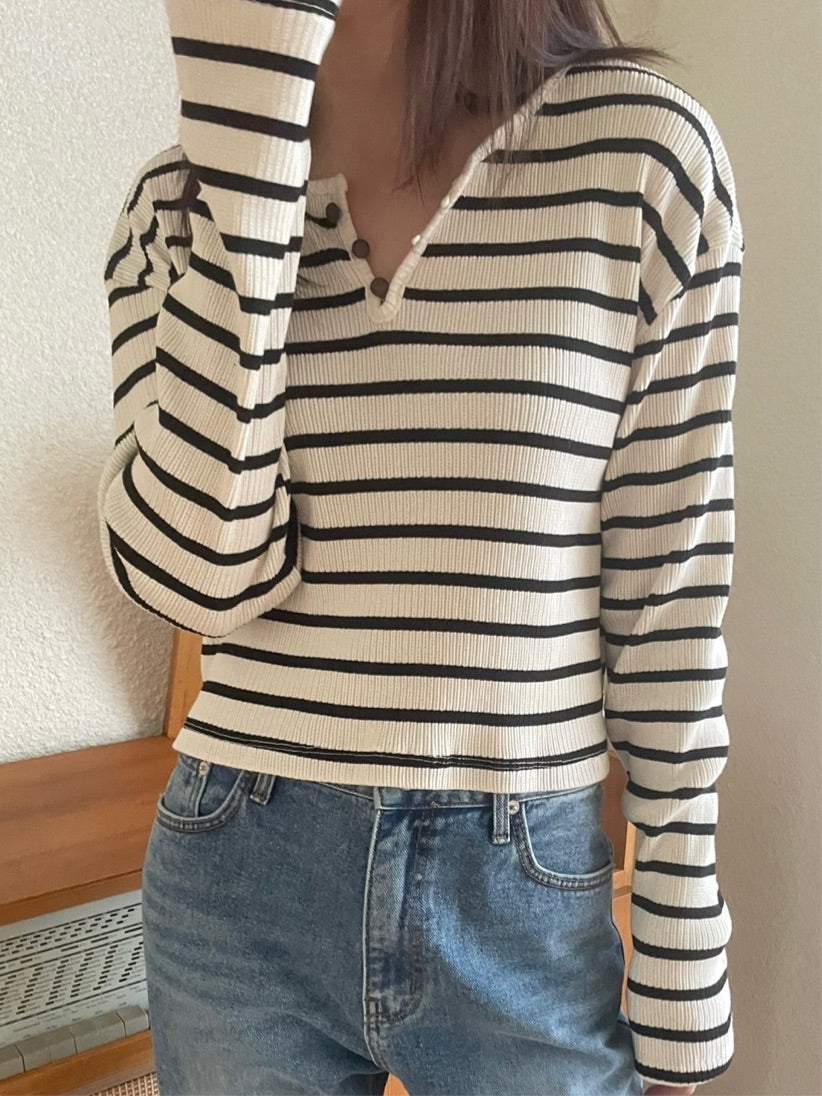 Stripe Fine Rib-knit T Shirt