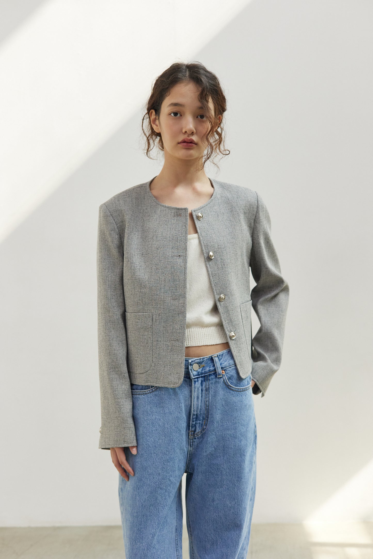Linen Tweed No Collar Short Jacket