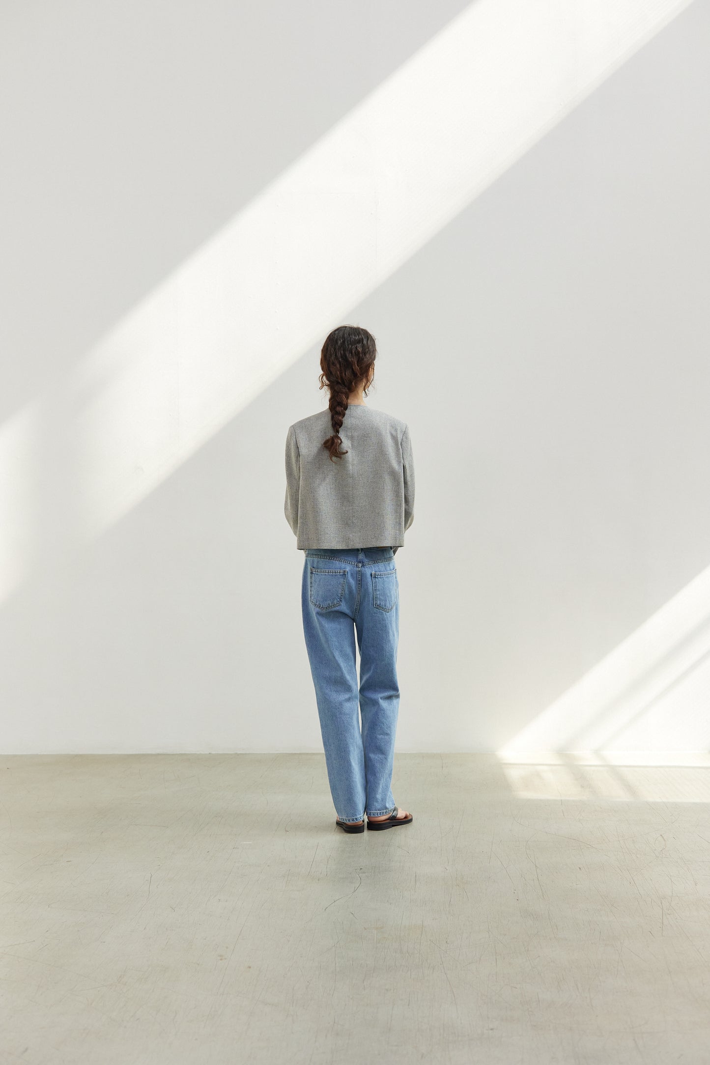 Linen Tweed No Collar Short Jacket