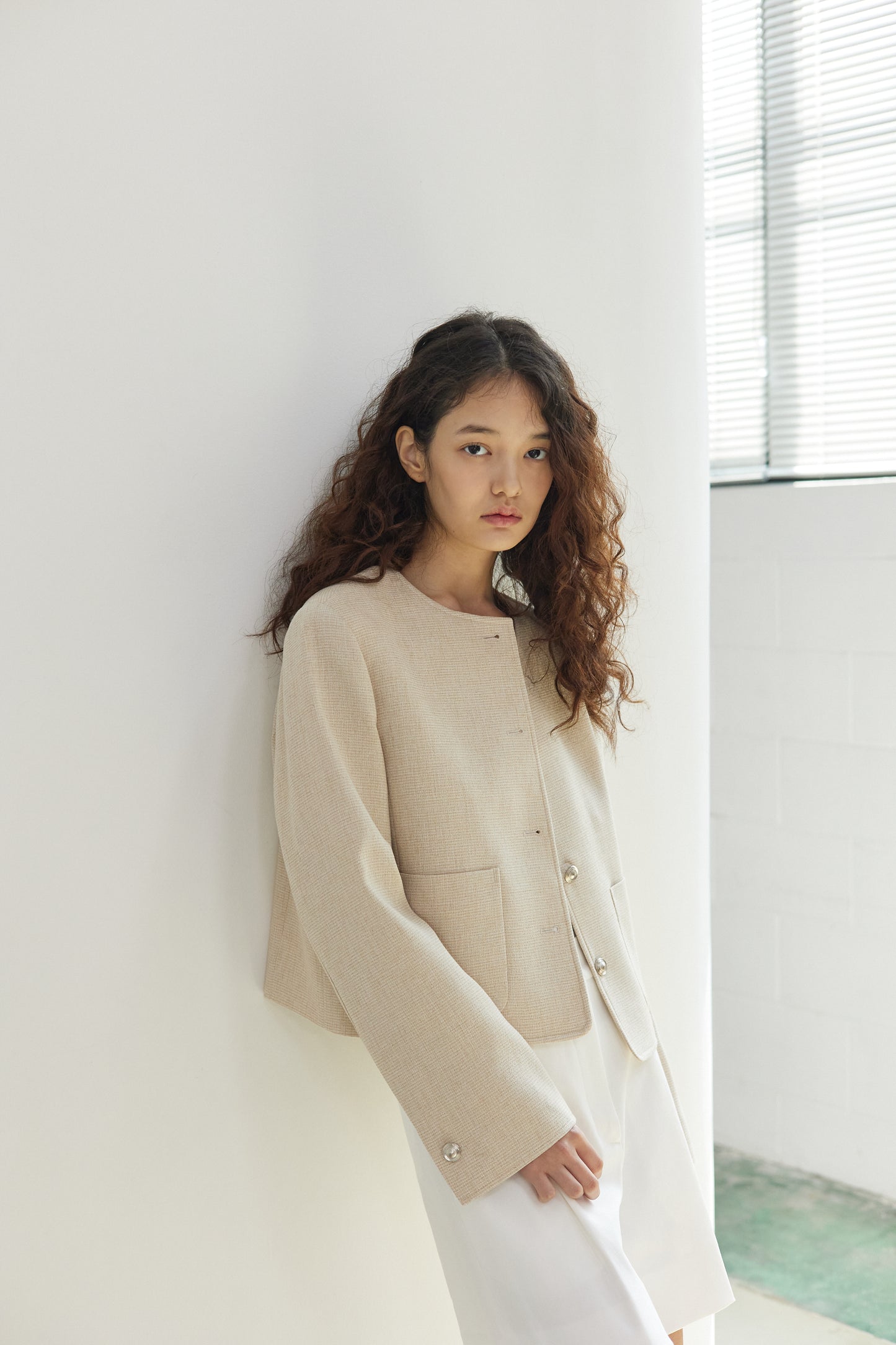 Linen Tweed No Collar Short Jacket