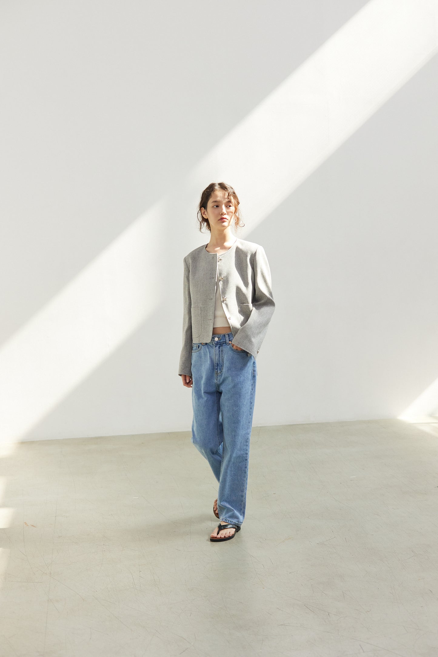 Linen Tweed No Collar Short Jacket
