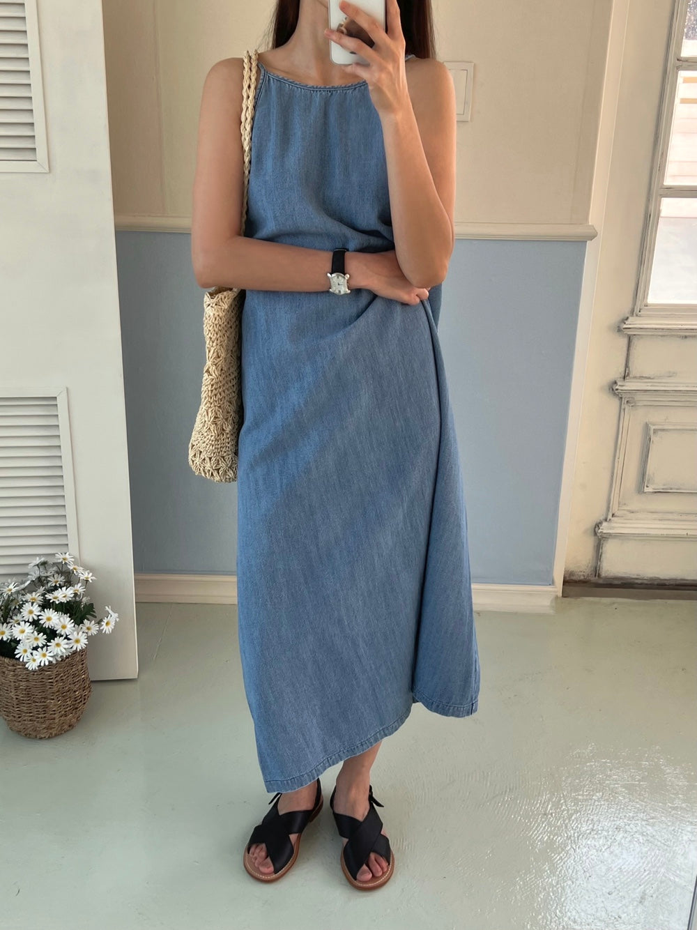 <Black Label> Away Denim Slip Maxi Dress