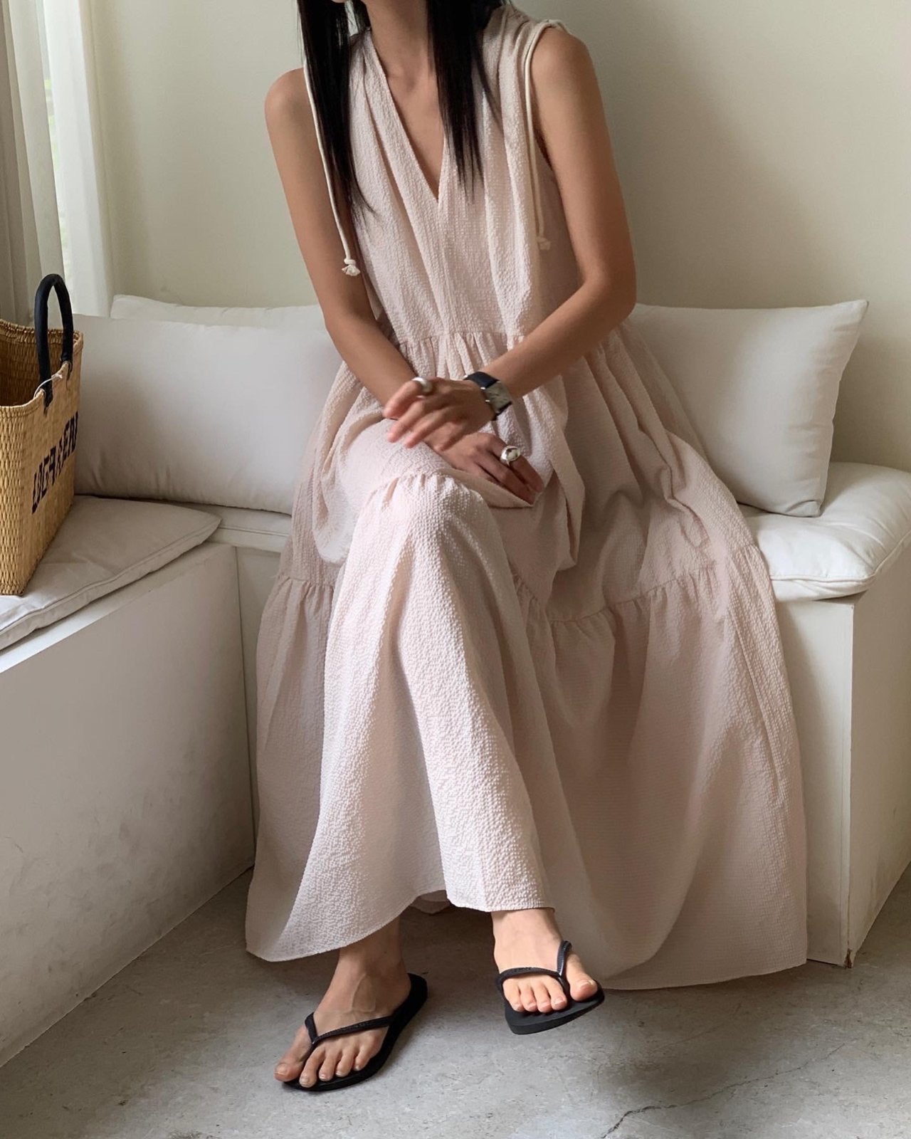 <Black Label> Rayon Dobby Maxi Dress