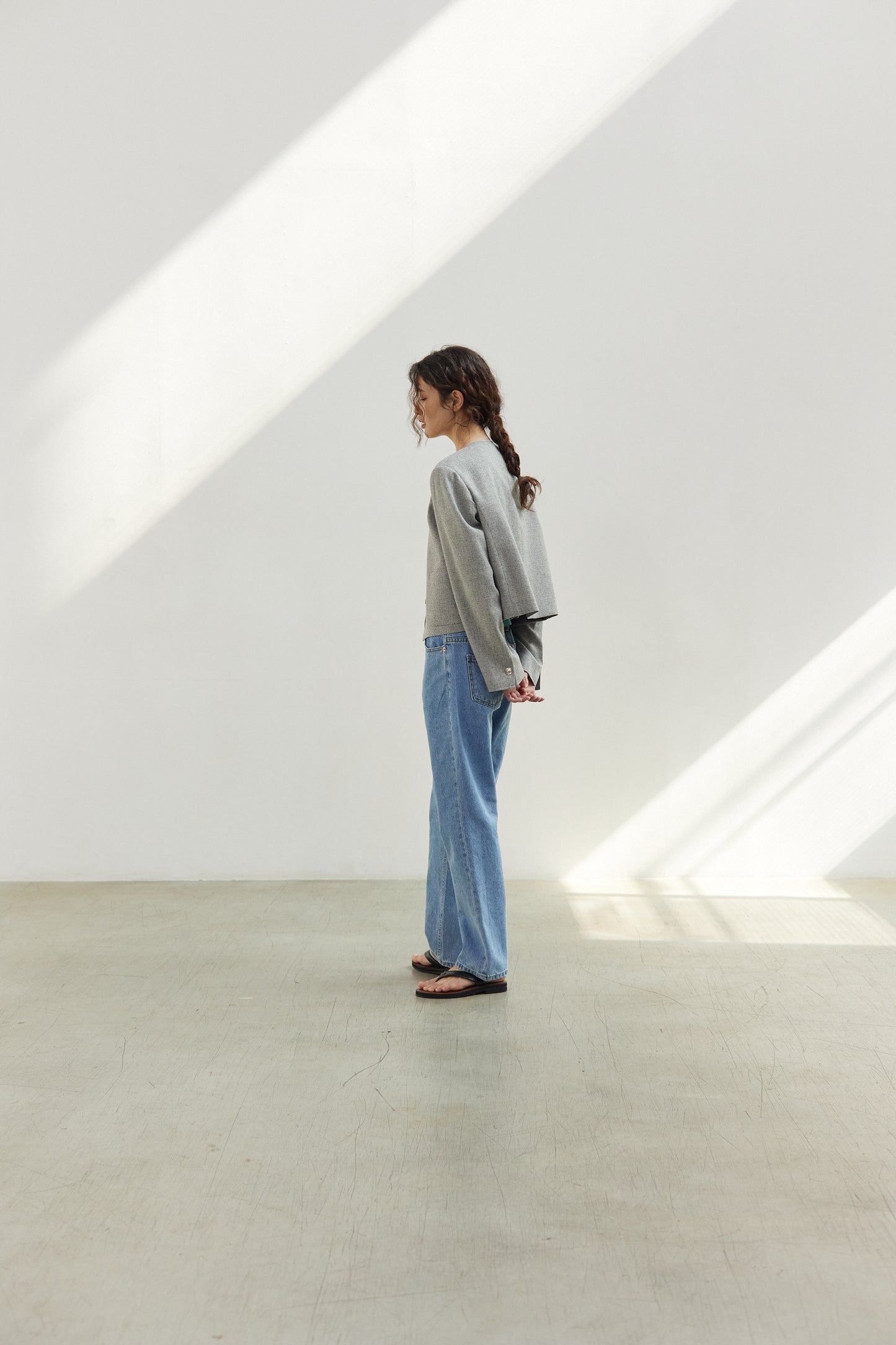 Linen Tweed No Collar Short Jacket