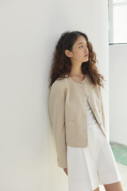 Linen Tweed No Collar Short Jacket