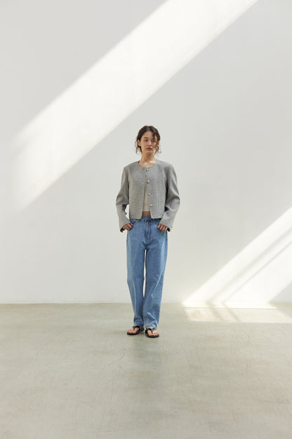 Linen Tweed No Collar Short Jacket