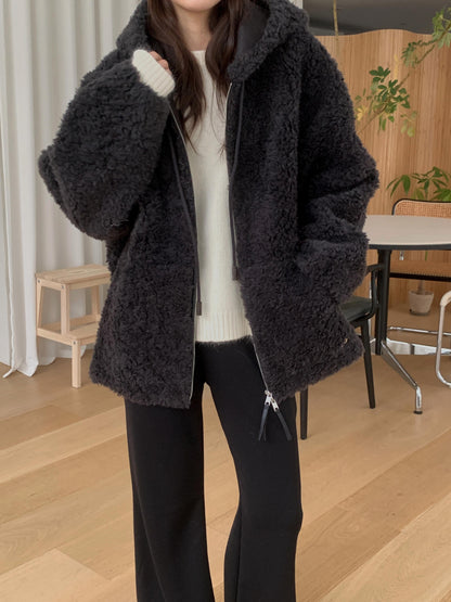 Faux Shearling Zip Up Jacket with a Hood