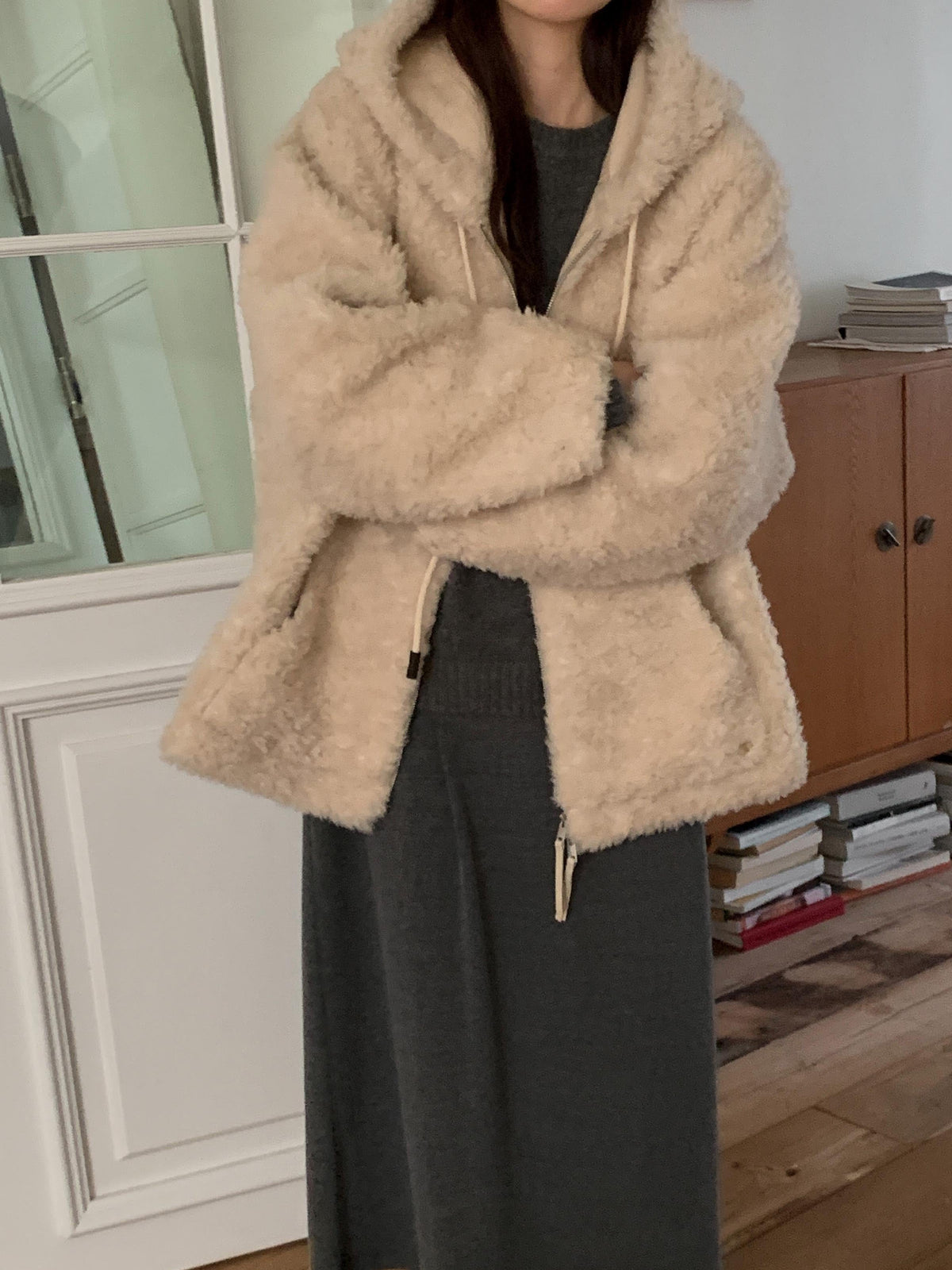 Faux Shearling Zip Up Jacket with a Hood