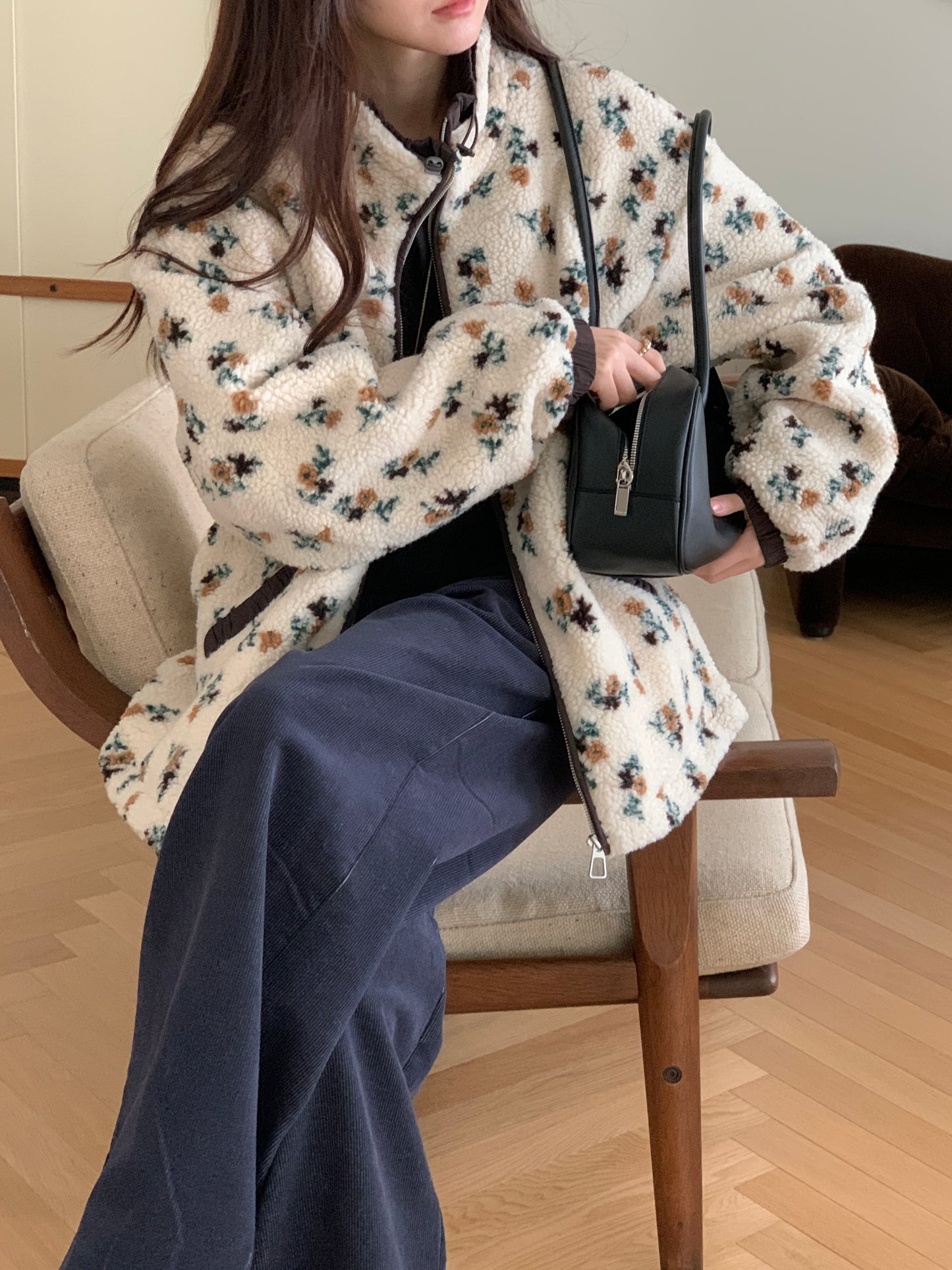 Colorblocked Floral Fleece Jacket with Quilted Interior