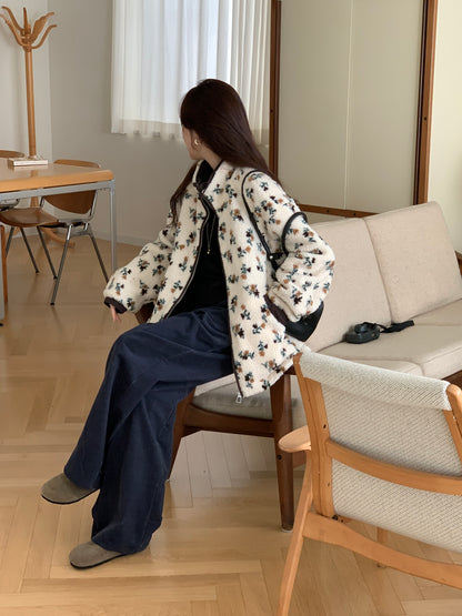 Colorblocked Floral Fleece Jacket with Quilted Interior