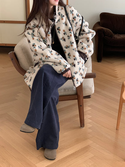 Colorblocked Floral Fleece Jacket with Quilted Interior