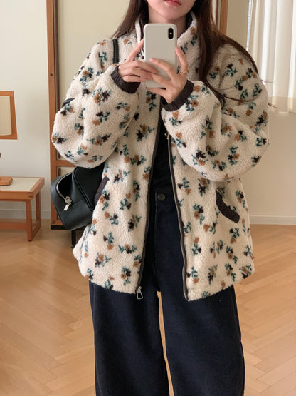 Colorblocked Floral Fleece Jacket with Quilted Interior