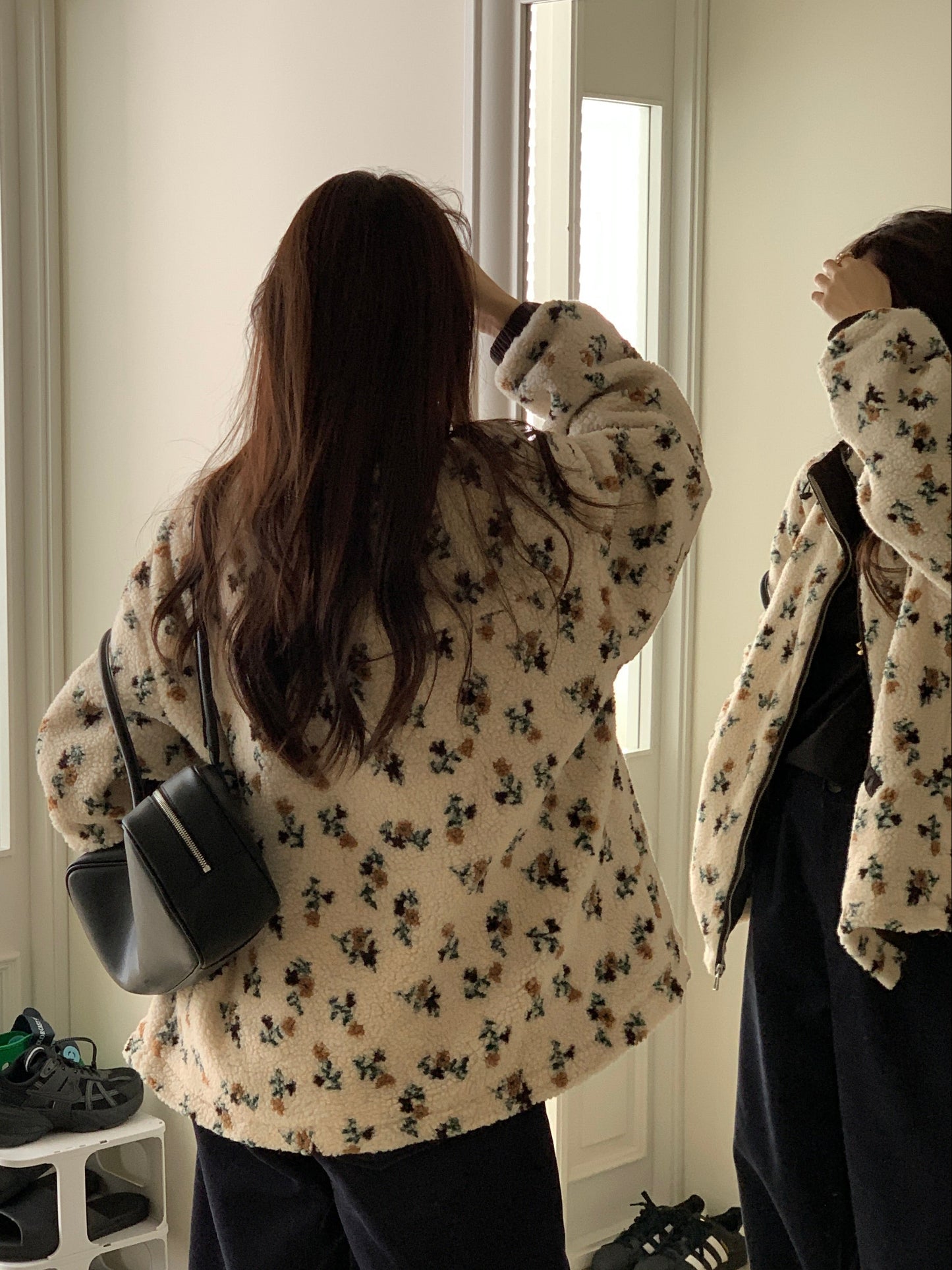 Colorblocked Floral Fleece Jacket with Quilted Interior