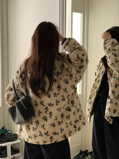 Colorblocked Floral Fleece Jacket with Quilted Interior