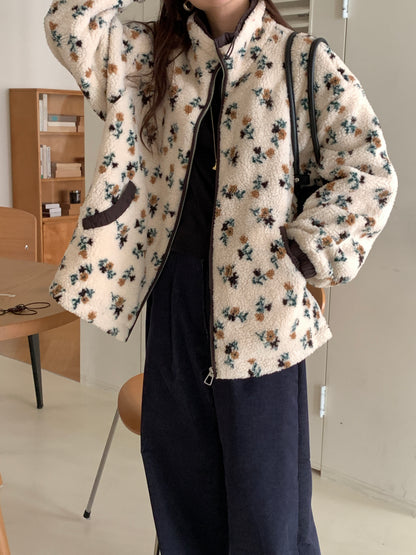 Colorblocked Floral Fleece Jacket with Quilted Interior