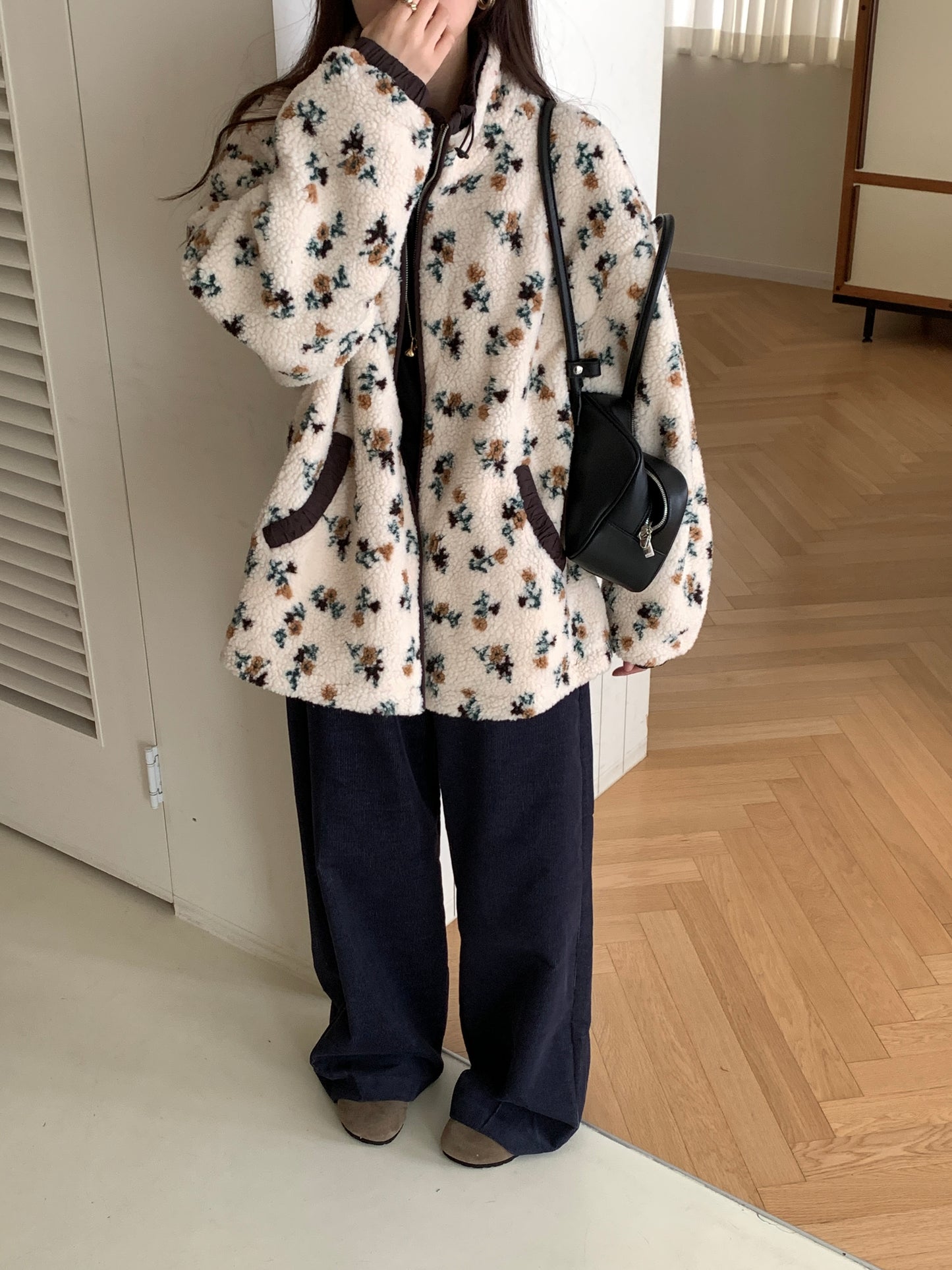 Colorblocked Floral Fleece Jacket with Quilted Interior