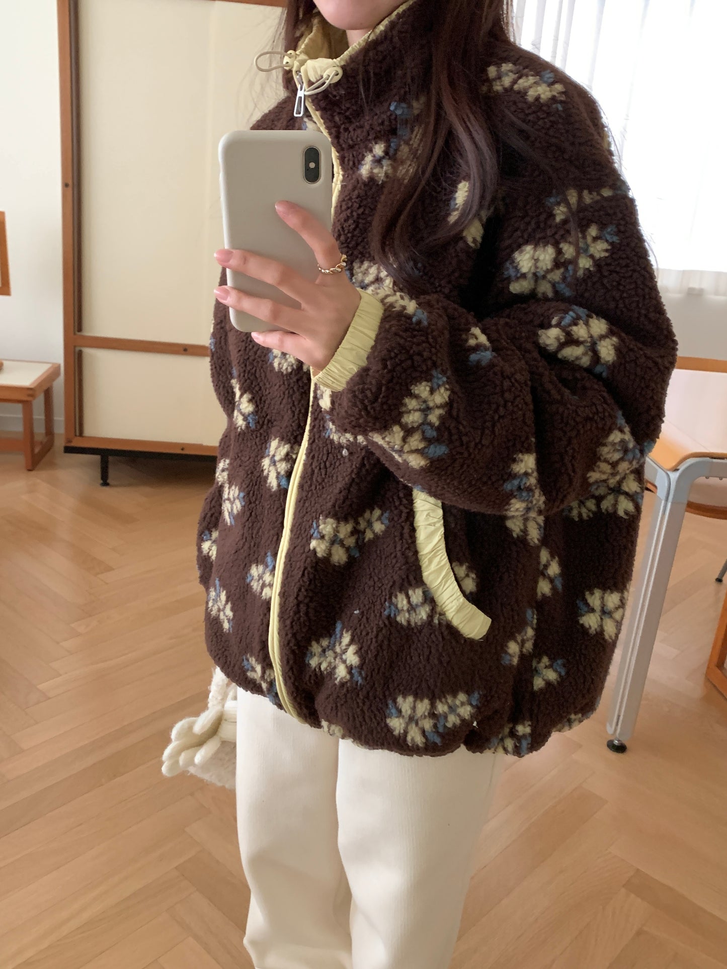 Colorblocked Floral Fleece Jacket with Quilted Interior