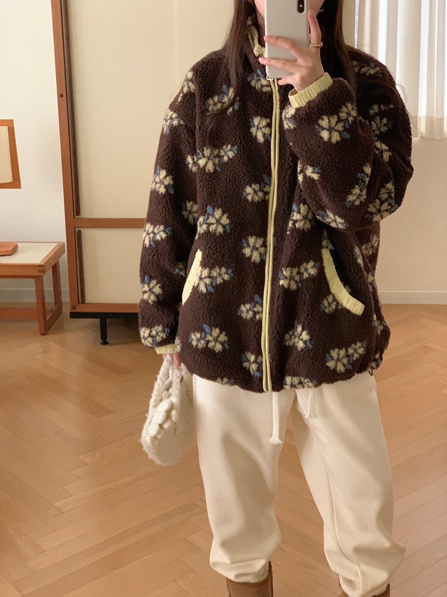 Colorblocked Floral Fleece Jacket with Quilted Interior