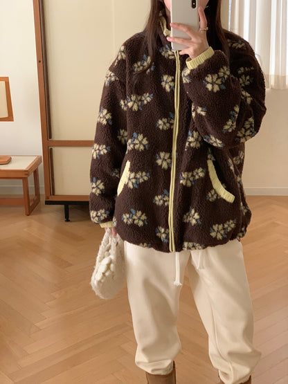 Colorblocked Floral Fleece Jacket with Quilted Interior