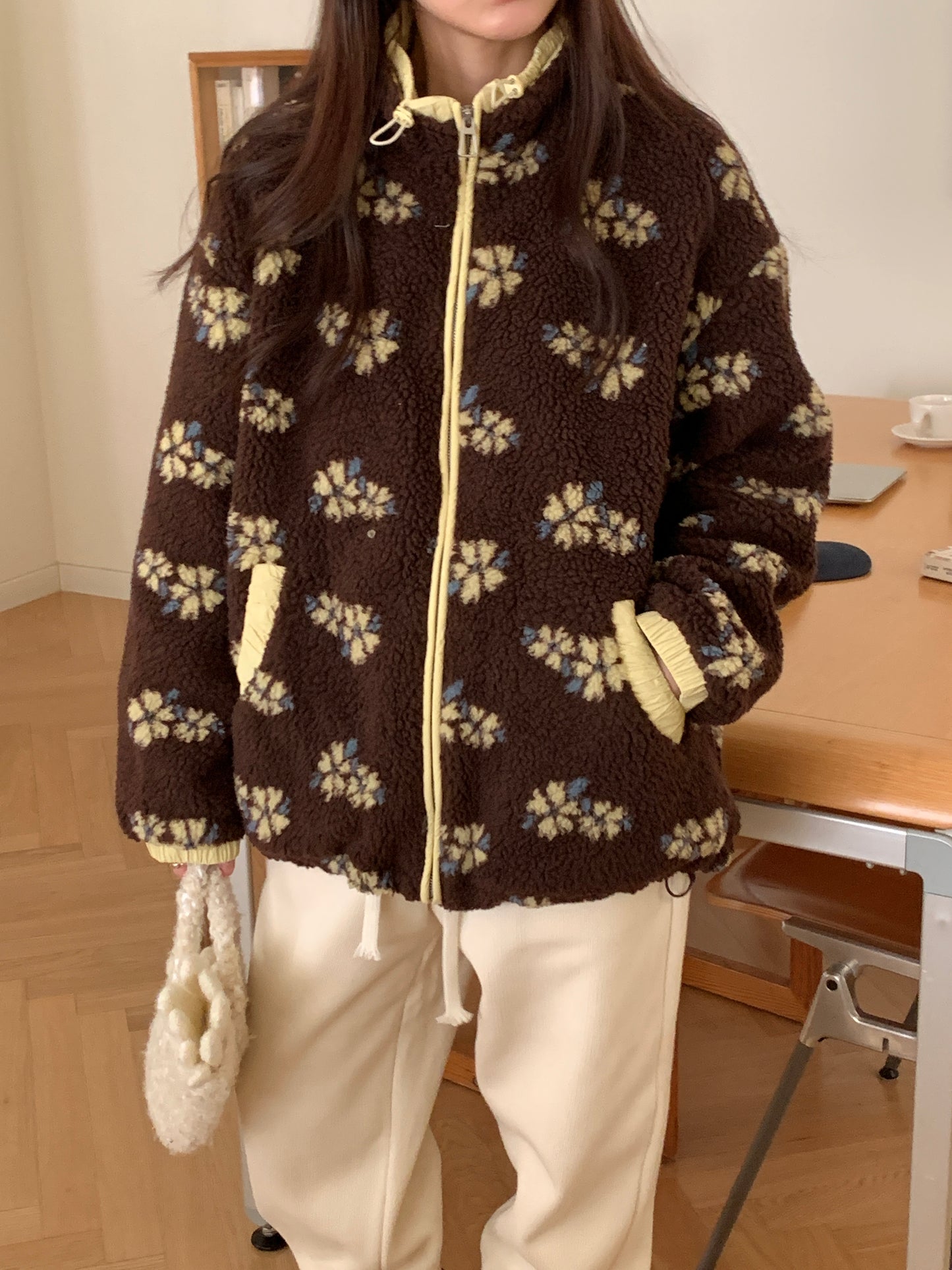 Colorblocked Floral Fleece Jacket with Quilted Interior