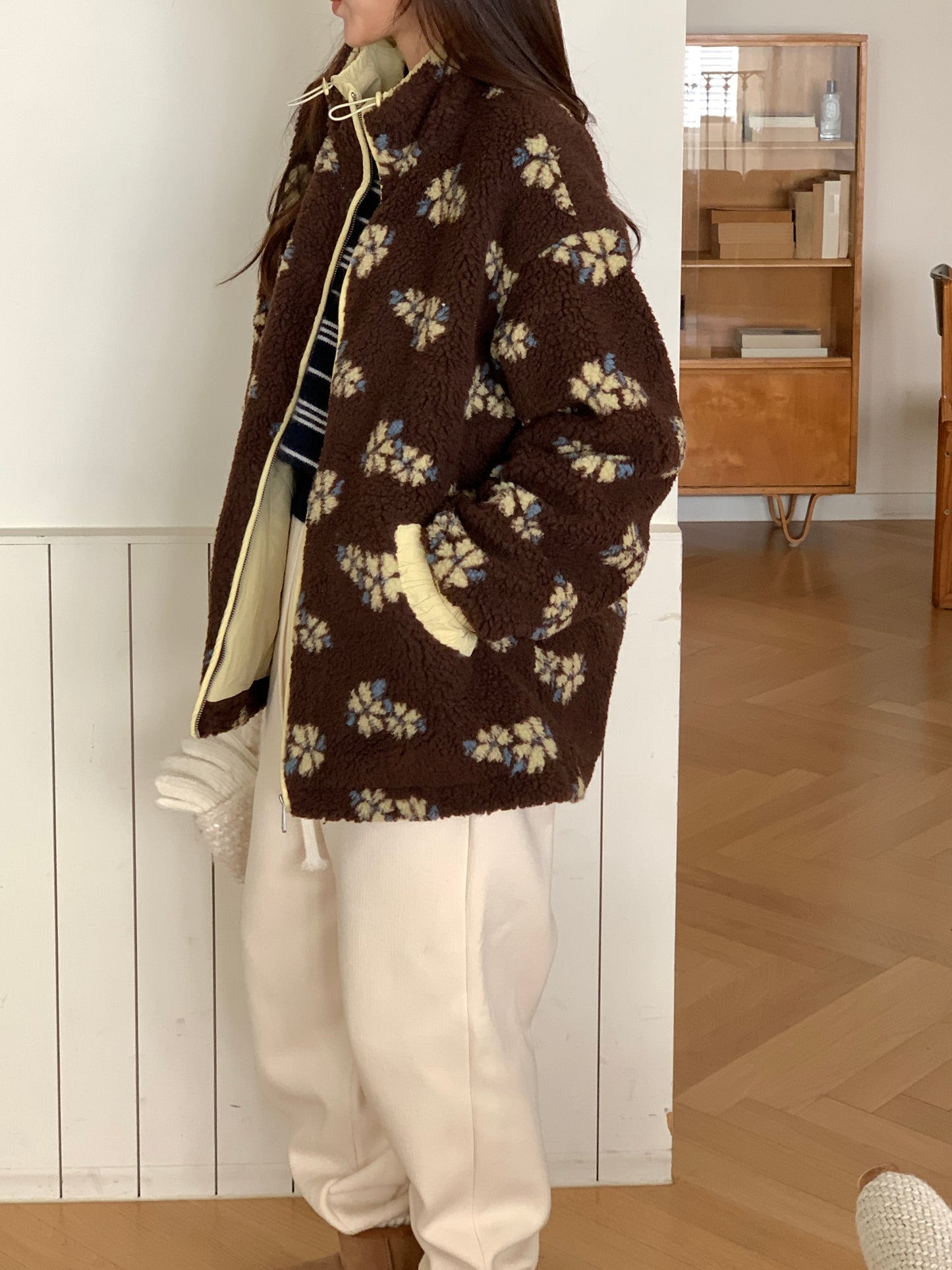 Colorblocked Floral Fleece Jacket with Quilted Interior