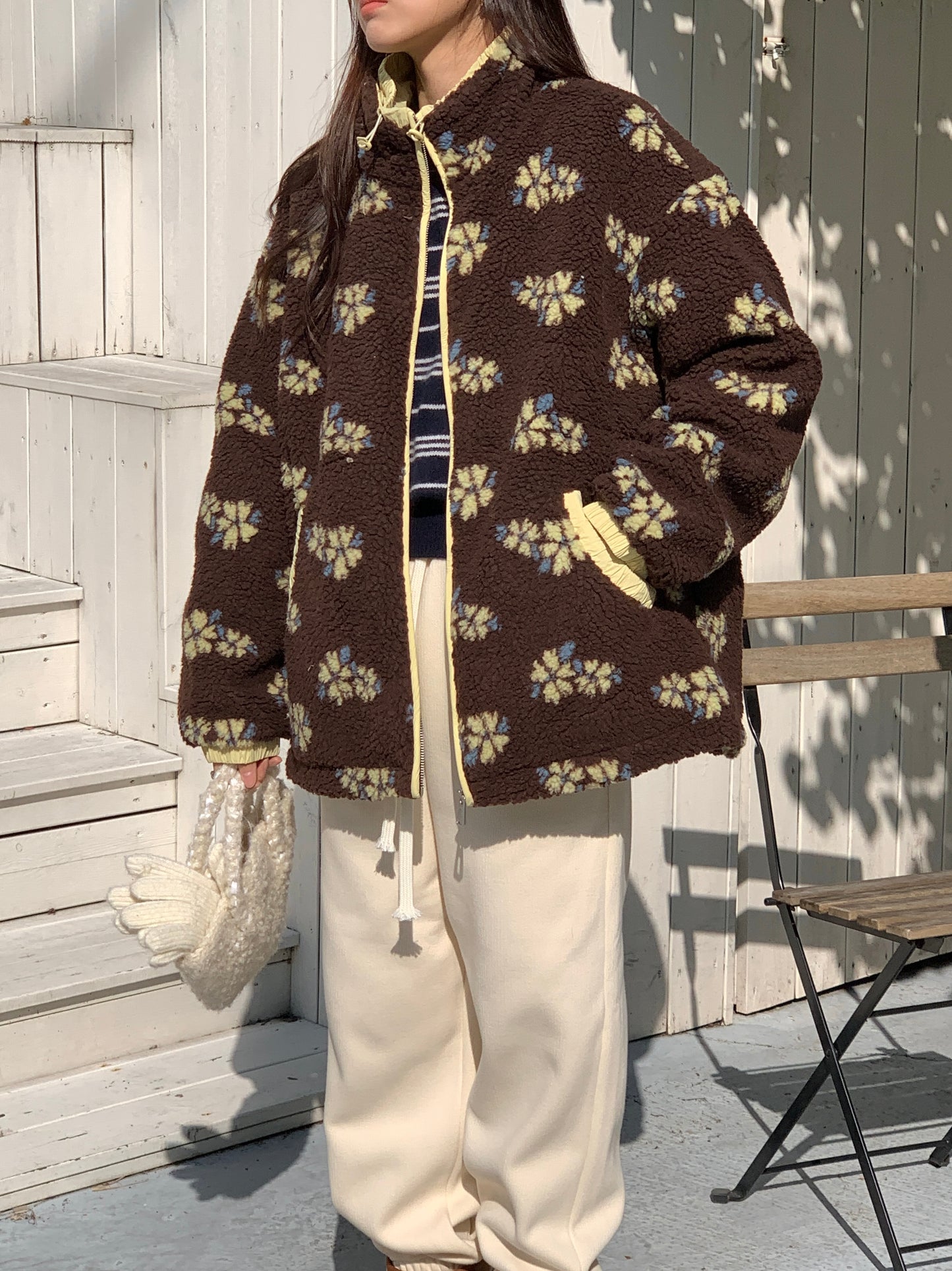 Colorblocked Floral Fleece Jacket with Quilted Interior