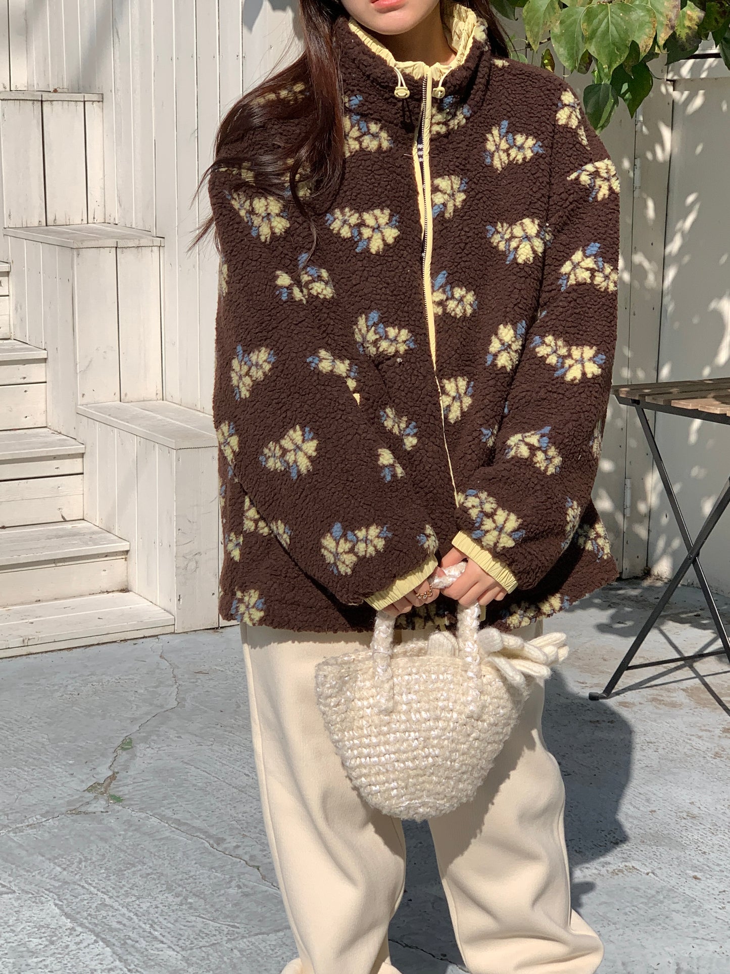 Colorblocked Floral Fleece Jacket with Quilted Interior