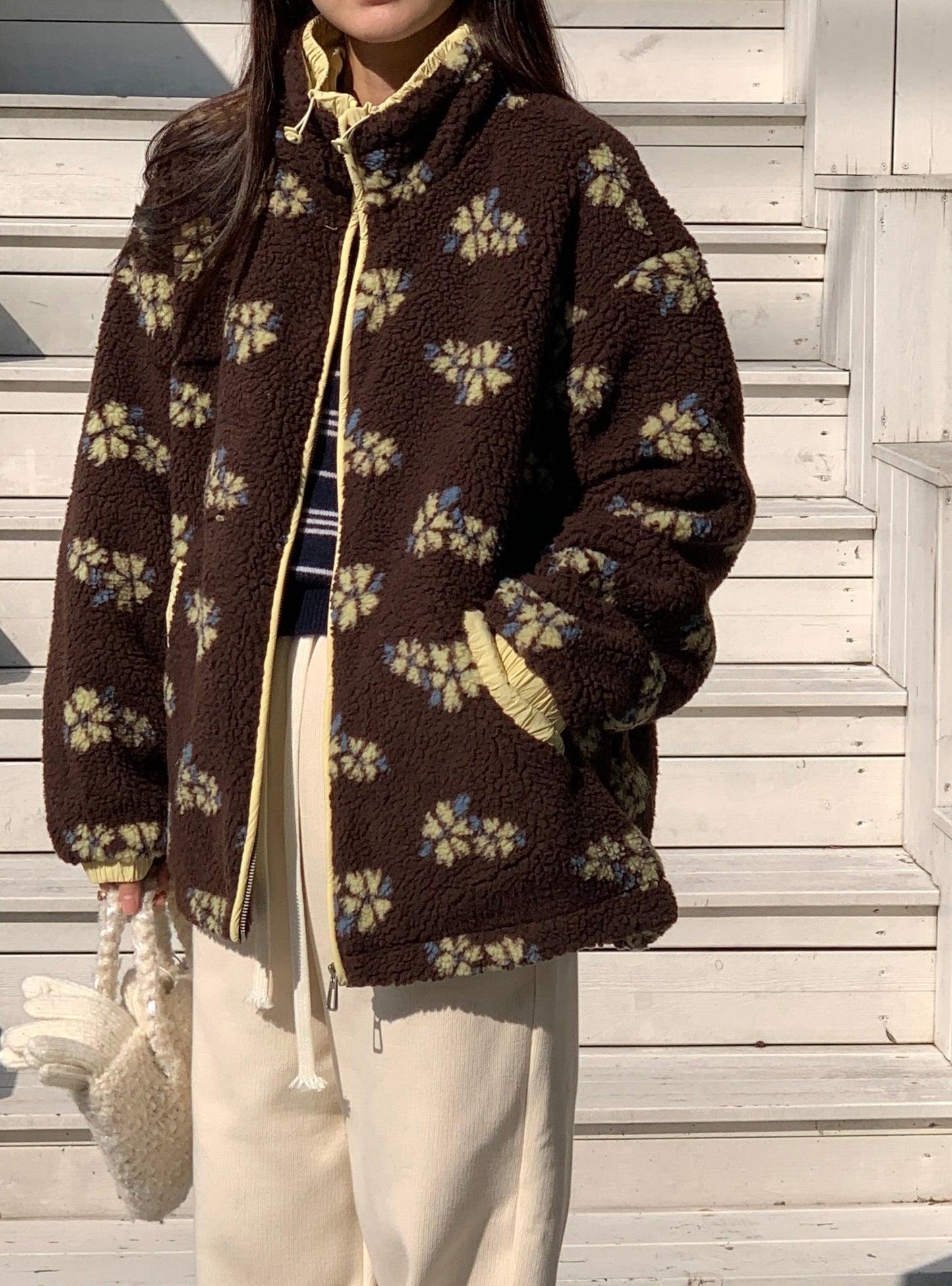 Colorblocked Floral Fleece Jacket with Quilted Interior