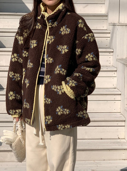 Colorblocked Floral Fleece Jacket with Quilted Interior