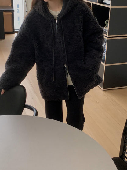 Faux Shearling Zip Up Jacket with a Hood