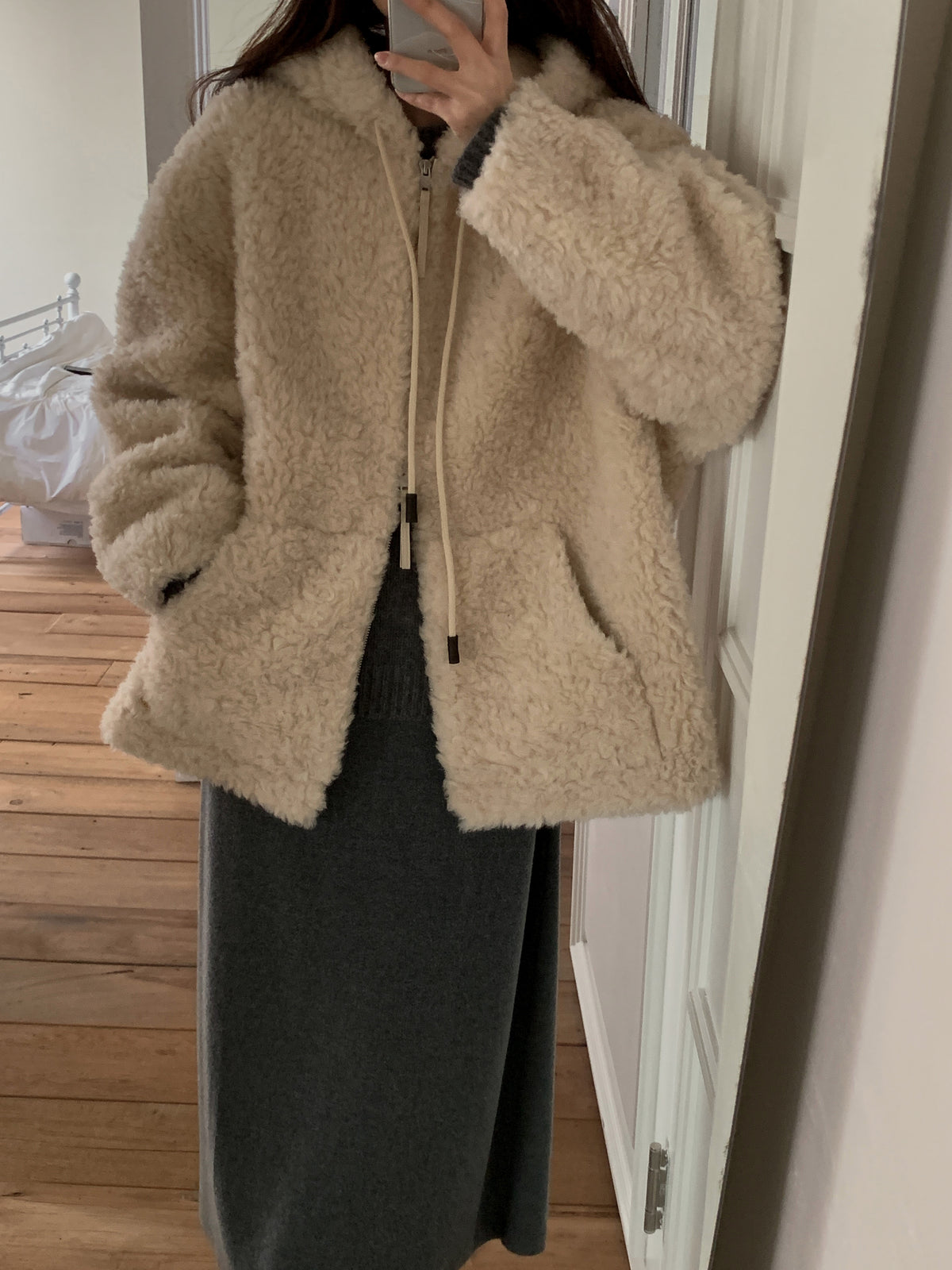 Faux Shearling Zip Up Jacket with a Hood