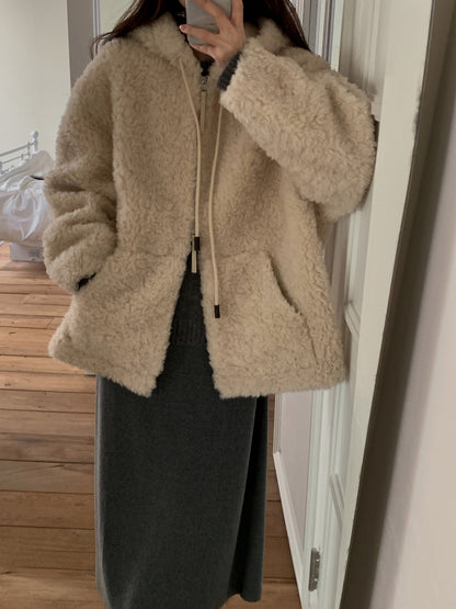 Faux Shearling Zip Up Jacket with a Hood