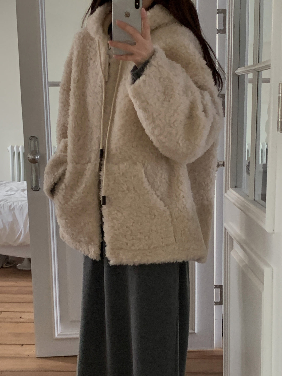 Faux Shearling Zip Up Jacket with a Hood
