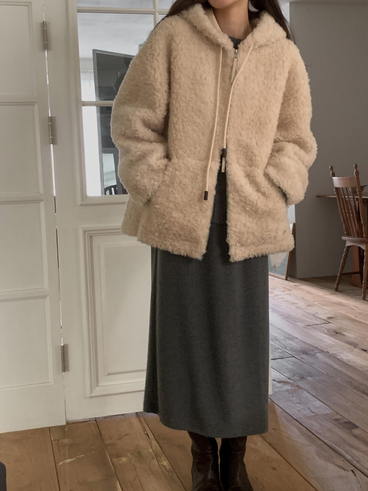 Faux Shearling Zip Up Jacket with a Hood