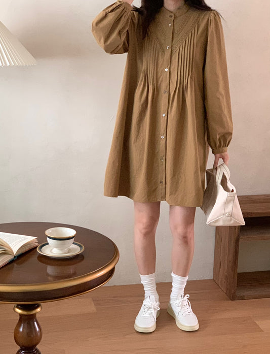 Pintuck Cotton Shirt Dress